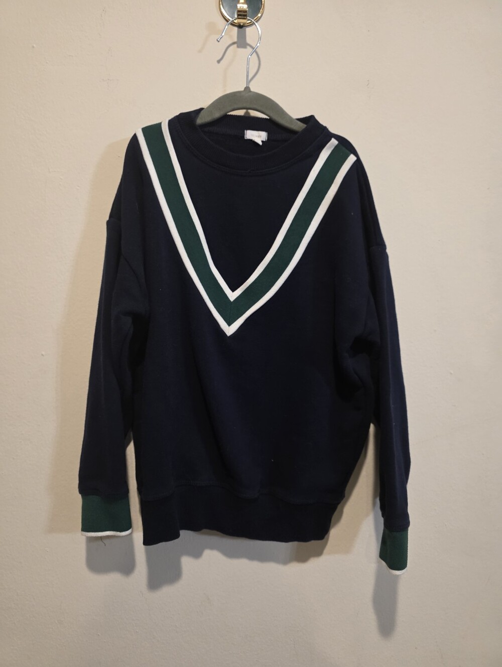 Lil Legs Kids Navy Blue V-Stripe Crewneck Sweatshirt Size 10Y Green White Cuffs